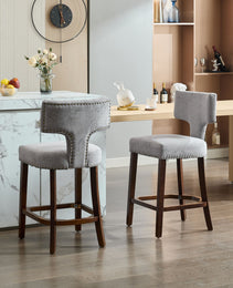 Mid Century Modern Counter Height Bar Stools Set Of 2, Farmhouse Linen Fabric Upholstered Accent Chair Curved Backrest With Copper Nails Around,Kitchen Chairs With Hardwood Frame, Gray