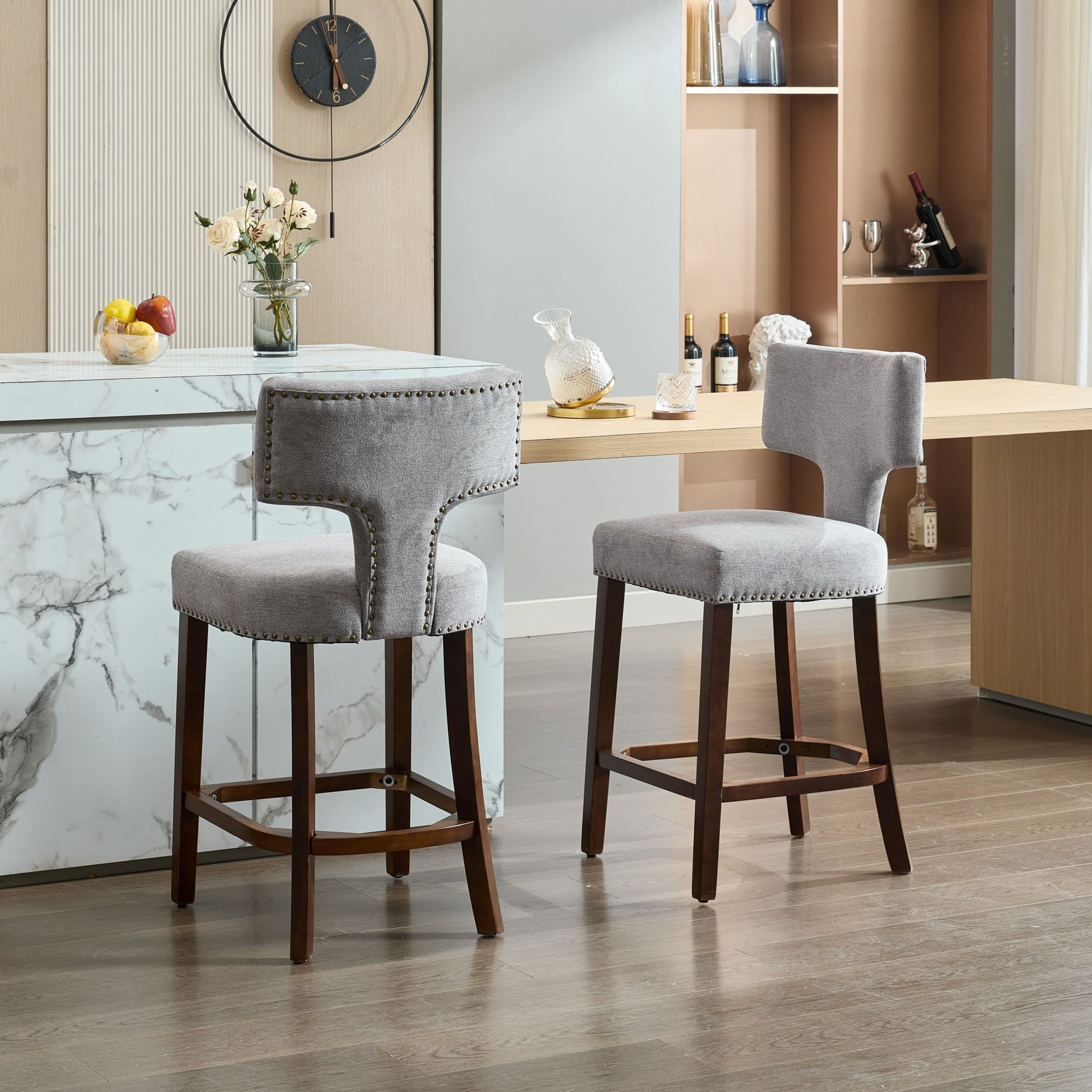 Mid Century Modern Counter Height Bar Stools Set Of 2, Farmhouse Linen Fabric Upholstered Accent Chair Curved Backrest With Copper Nails Around,Kitchen Chairs With Hardwood Frame, Gray