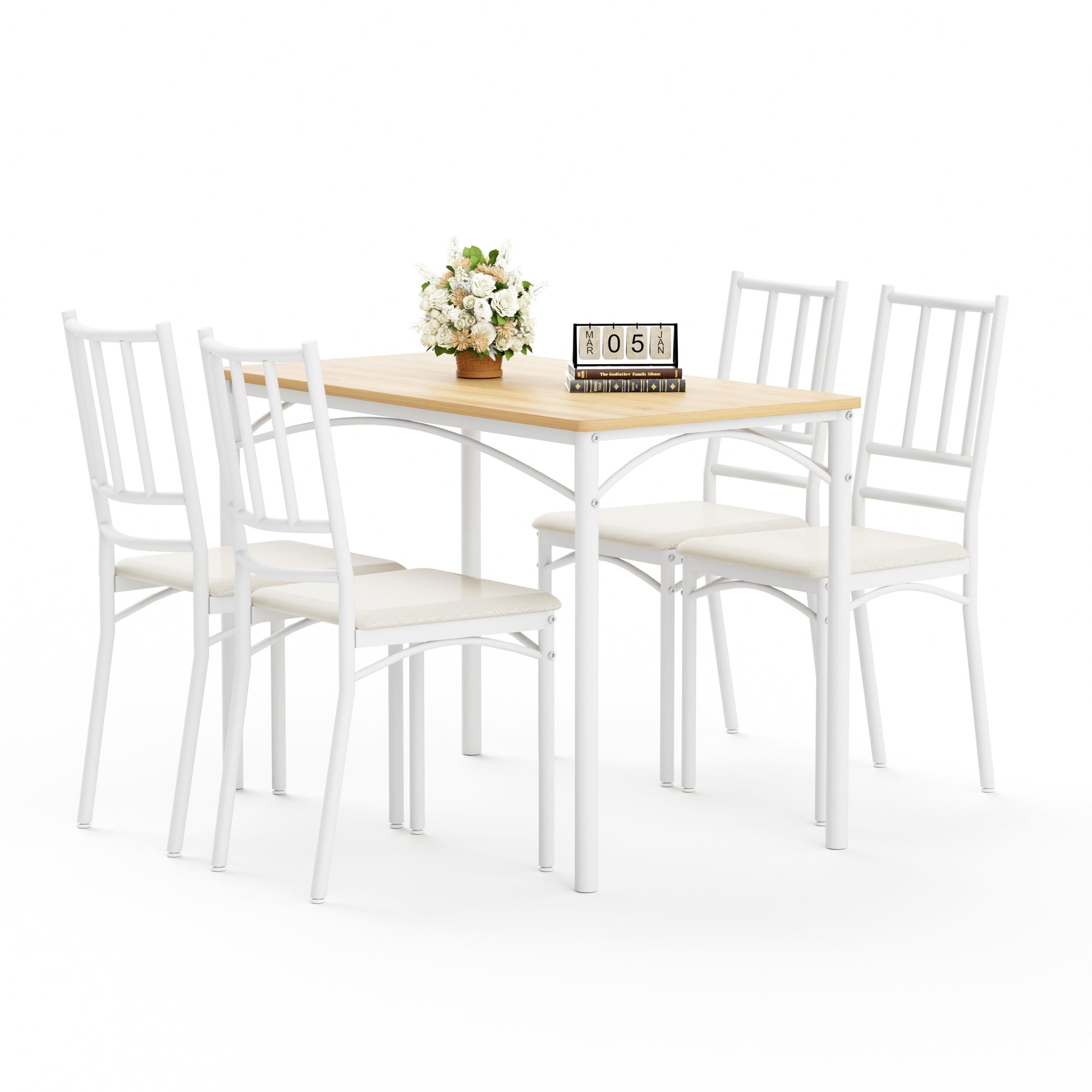 Dining Table Set, Bar Table With 4 Dining Benches, Kitchen Table Counter With Chairs, Industrial For Kitchen Breakfast Table, Living Room, Party Room, Natural And White, 43.3inL X23.6inW X 30.1inH