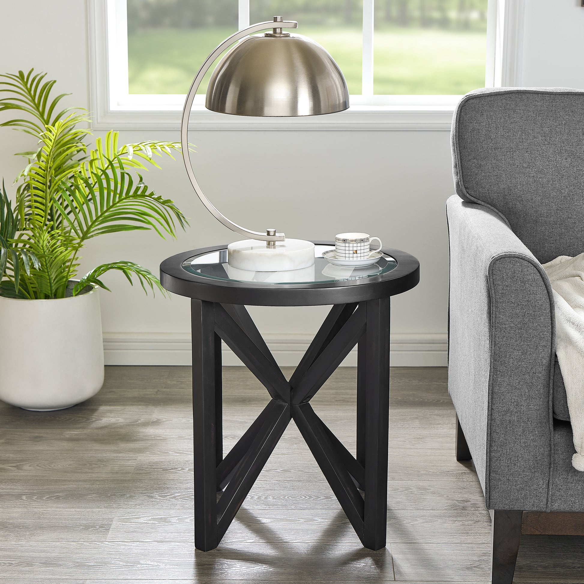 Modern Simple Glass Coffee Table, Tempered Glass Coffee Table Solid Wood Base Round Transparent Glass Top Modern Living Room Terrace Study Coffee Table