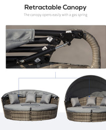 4-Piece Round Convertible Daybed with Cushions, Outdoor PE Rattan Patio Wicker Sofa Set, Sunbed with Adjustable Sun Canopy, Sectional Sofa, 2 Chairs, Table, 3 Pillows, Dark Gray