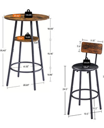 Round Bar Stool Set With Shelf, Upholstered Stool With Backrest, Rustic Brown, 23.62  W X 23.62  D X 35.43  H