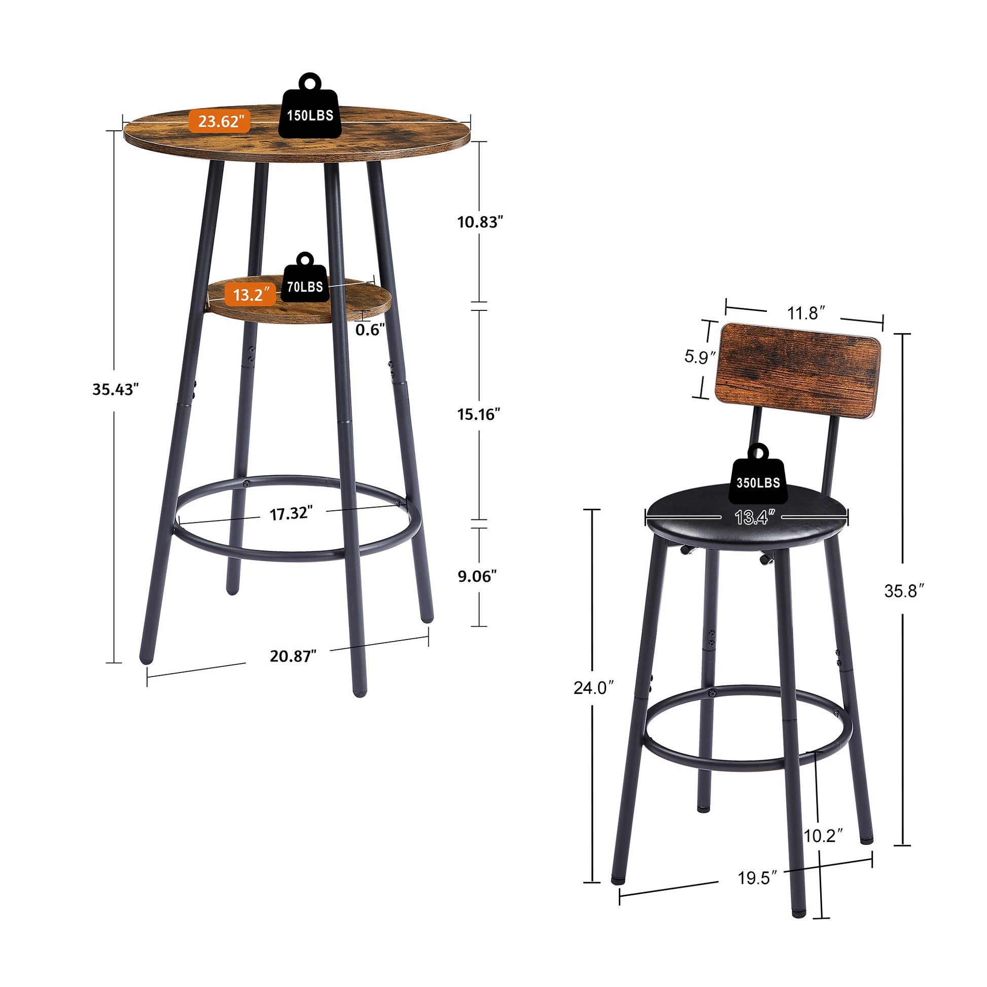 Round Bar Stool Set With Shelf, Upholstered Stool With Backrest, Rustic Brown, 23.62  W X 23.62  D X 35.43  H
