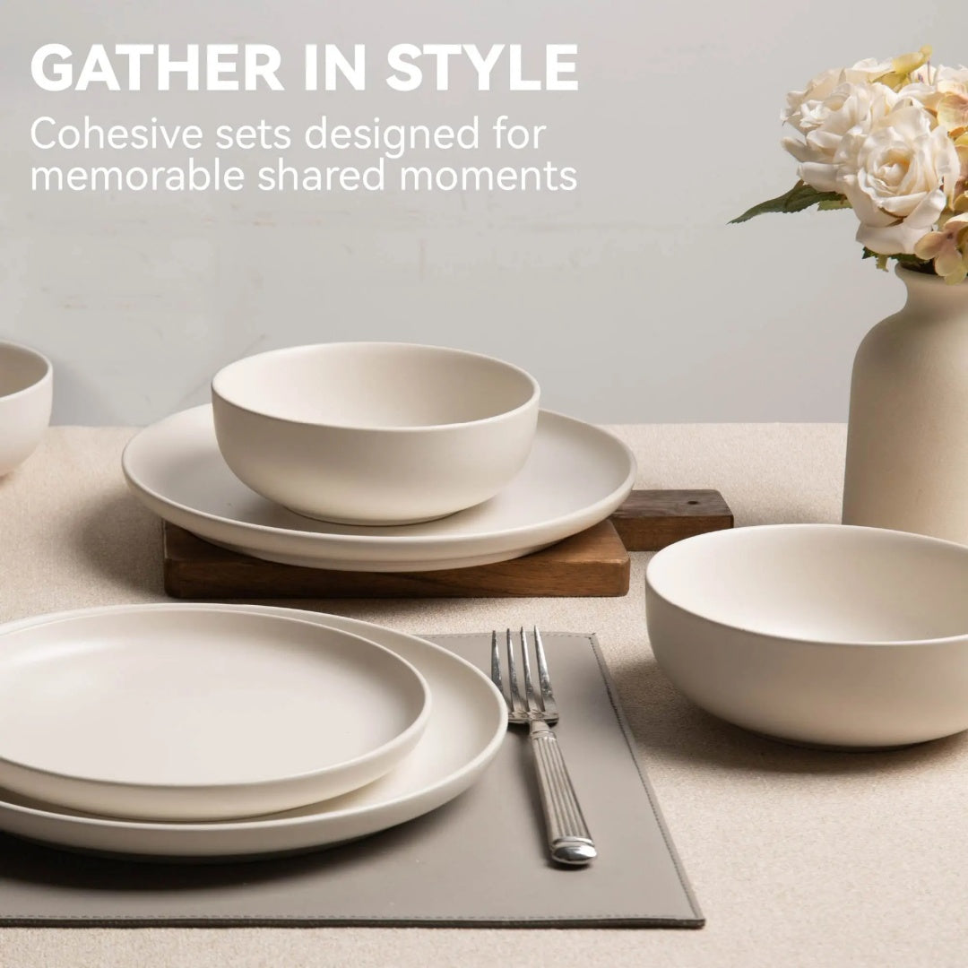 12-Piece Stoneware Dinnerware Sets With Mugs  Microwave  Dishwasher Safe  Non-Toxic Dinner Plates Bowls Set  Stackable Matte Glaze Kitchenware For 3