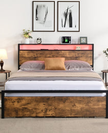 Queen Size Bed Frame With Storage Headboard And 2 Drawers, LED Lights Bed With Charging Station