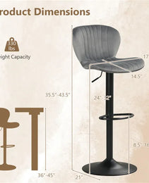 2-Pack Adjustable Height Bar Stools With 360° Swivel, Dutch Velvet Upholstered Bar Chai - Gray