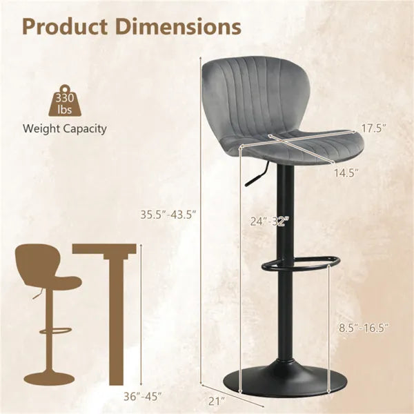 2-Pack Adjustable Height Bar Stools With 360° Swivel, Dutch Velvet Upholstered Bar Chai - Gray