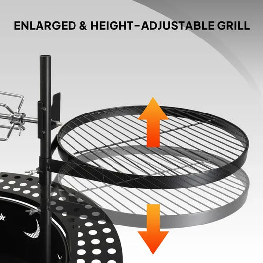 33 Inch Outdoor Fire Pit With 2 Cooking Grills, Wood Burning Firepit With Removable Swivel Grill, For Deck Bonfire Patio Picnic, Black