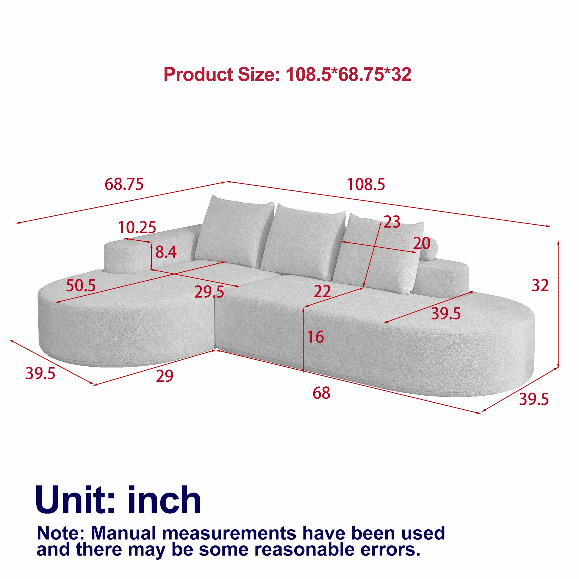 Modern Curved Sofa ,Chenille Upholstered Sectional Sofa Couch Set,Modular 108.5 L Shaped Sectional Living Room Sofa Set With 3 Pillows,Free Combination Sofa Couch For Living Room,Bedroom