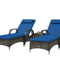 Patio Wicker Chaise Lounge Chair Set Of 2 With Table, Adjustable Backrest, Wheels, Cushion & Headrest, Blue