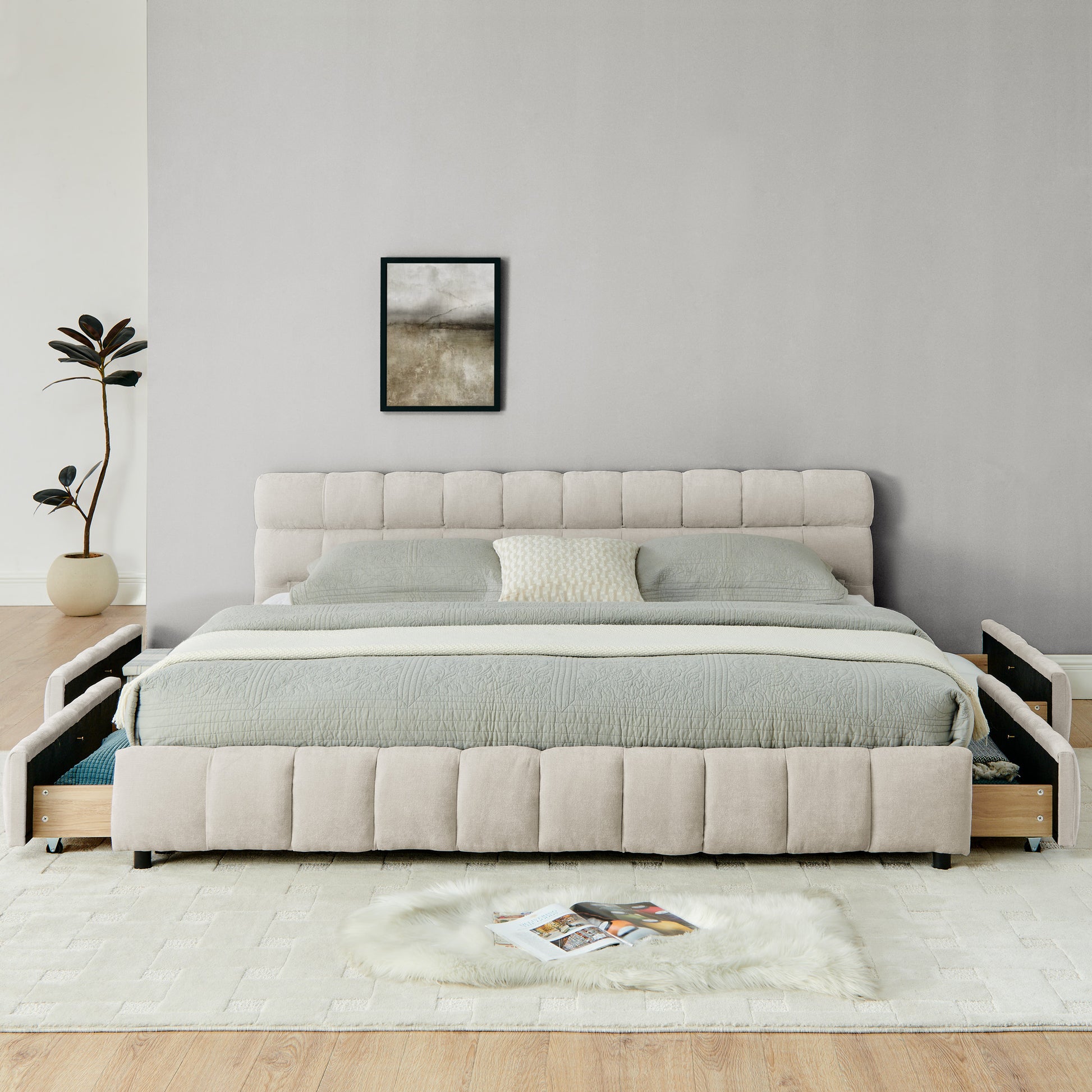 King Size Upholstered Bed ,comfortable Upholstered Bed Frame, Chenille Fabric, With Headboard And Solid Bed Frame. With Drawer For Storage.-Beige 88.5x85.5x31