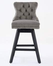 Swivel Velvet Barstools With Button Tufted Decoration And Wooden Legs, And Chrome Nailhead Trim, Leisure Style Bar Chairs,Bar Stools, Set Of 2 Gray,SW1860GY