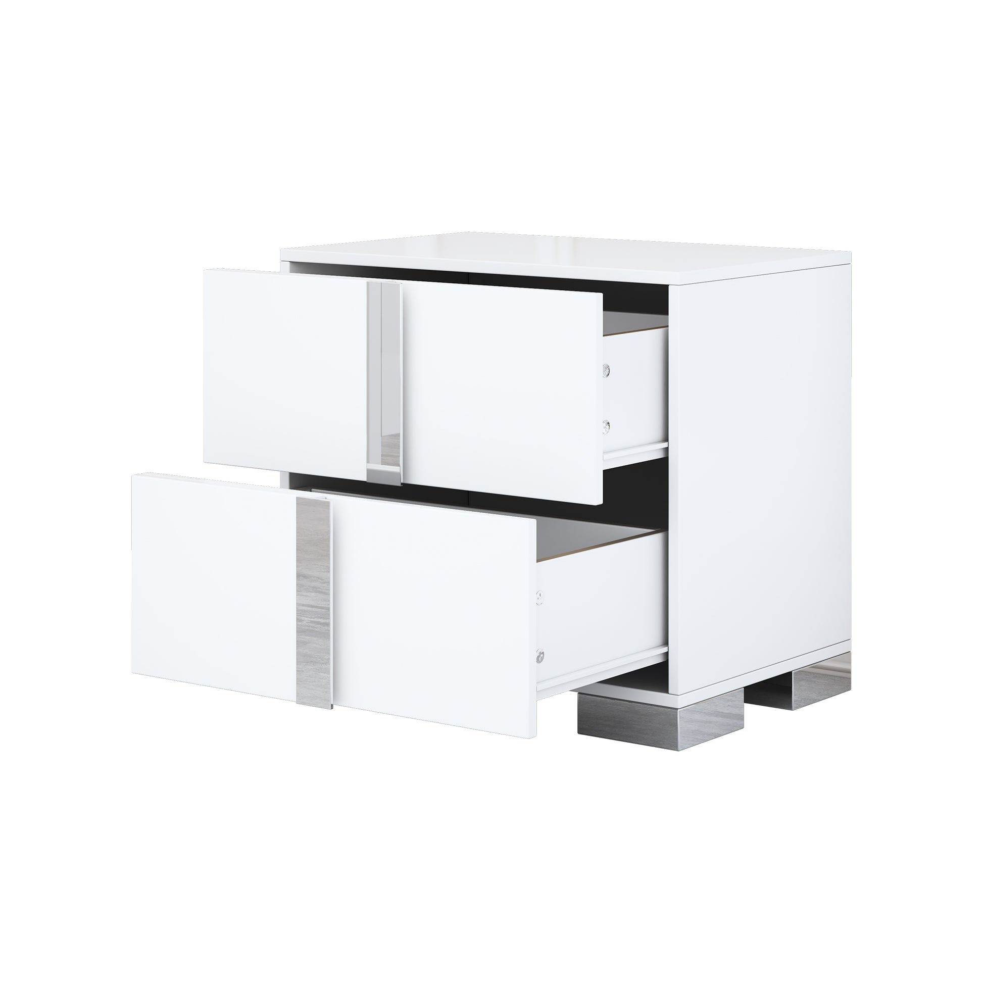 Elegant Nightstand With Metal Foot, Mirrored Bedside Table With 2 Drawers For Bedroom, Living Room, White