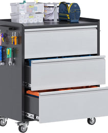 Aobabo Metal Garage Tool Storage Cabinets With Wheels, Steel Cabinet With Drawer, 3 Drawers Rolling Tools Chest Cabinet For Garage, Warehouse, Assembly Required, Black Grey