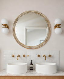 Round Decorative Wall Mirror, 23.62  Distressed Wood Beaded Frame Mirror For Entryway, Living Room, Bathroom, Farmhouse Style Accent Mirror