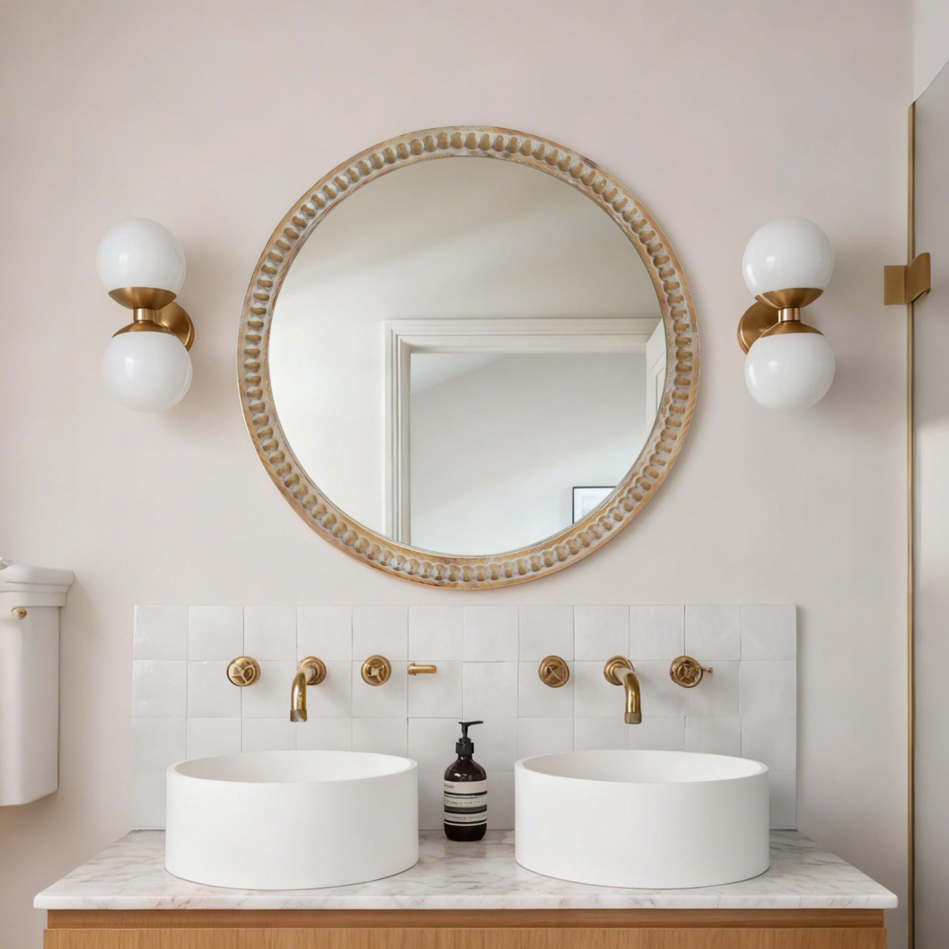 Round Decorative Wall Mirror, 23.62  Distressed Wood Beaded Frame Mirror For Entryway, Living Room, Bathroom, Farmhouse Style Accent Mirror