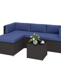 3 Piece Patio Furniture Set, Wicker Outdoor Patio Conversation Furniture Set with Cushions, Glass Top Table, Navy Blue