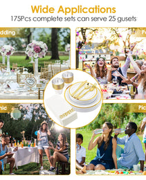 Set Of 175Pcs Disposable Gold Dinnerware Set Gold Rim Plastic Plates Cups Fork Spoon Knife Paper Napkins For Party Wedding Graduation
