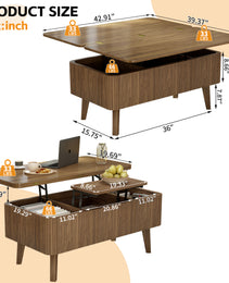 3 In 1 Lift Top Coffee Table, Fluted Convertible Coffee Tables Converts To Dining Tables, Modern Oval Wooden Center Table With Storage For Living Room Office Small Space Walnut