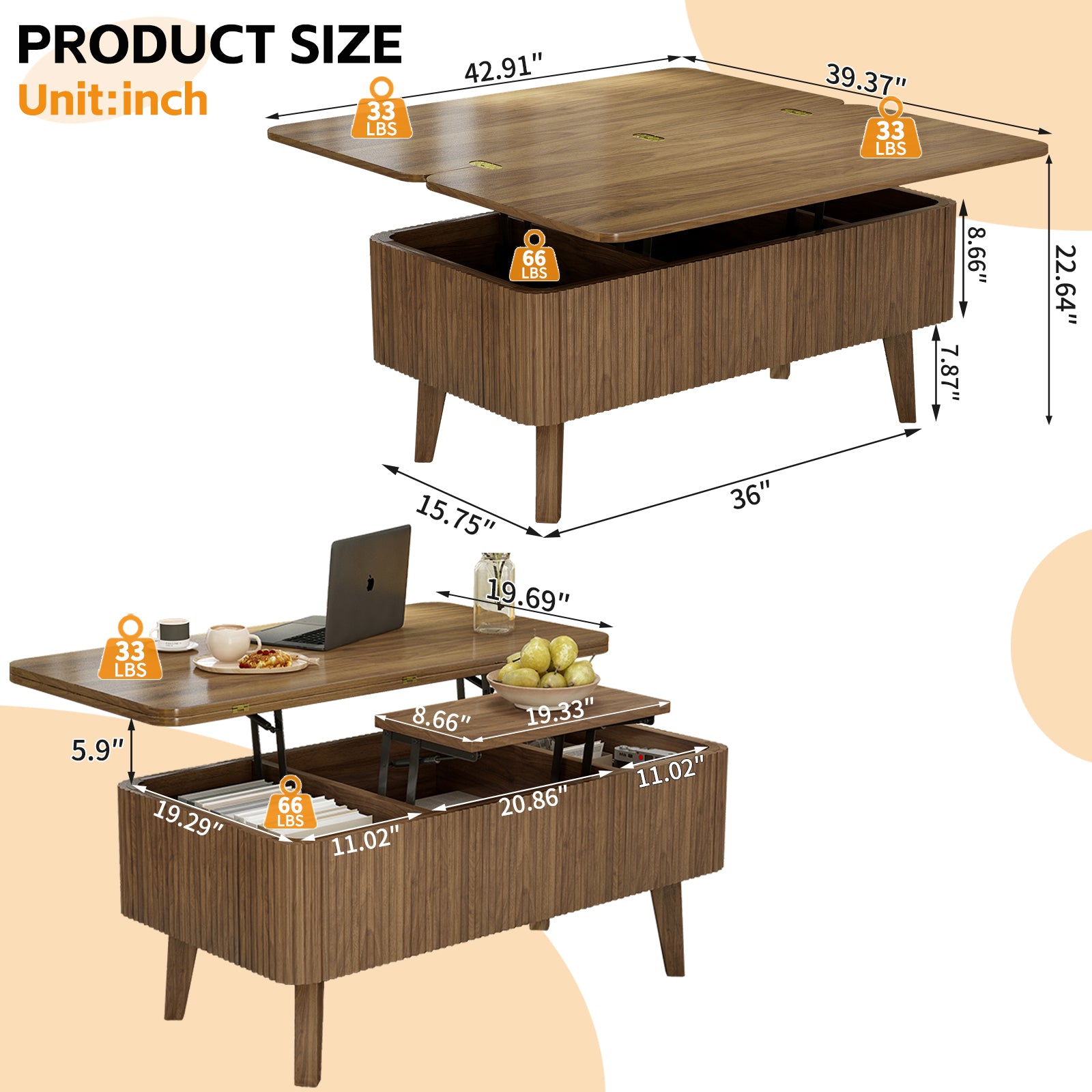 3 In 1 Lift Top Coffee Table, Fluted Convertible Coffee Tables Converts To Dining Tables, Modern Oval Wooden Center Table With Storage For Living Room Office Small Space Walnut
