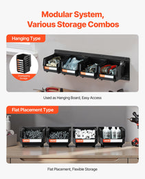 Wall Mounted Storage Bins, 12 Plastic Bins & 3 Metal Rails, Plastic Hanging Stackable Storage Bin For Screws, Nuts, Bolts, Nails, Hardware Tool Organizer For Workshop, Craft Room, Garage, Black