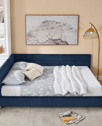 Queen Size Upholstered Tufted Bed Frame, Sofa Bed Frame With Comfortable Backrest And Armrests, Queen Size Bed For Bedroom, Living Room,Velvet, DARK BLUE 85.5x64.5x30.5