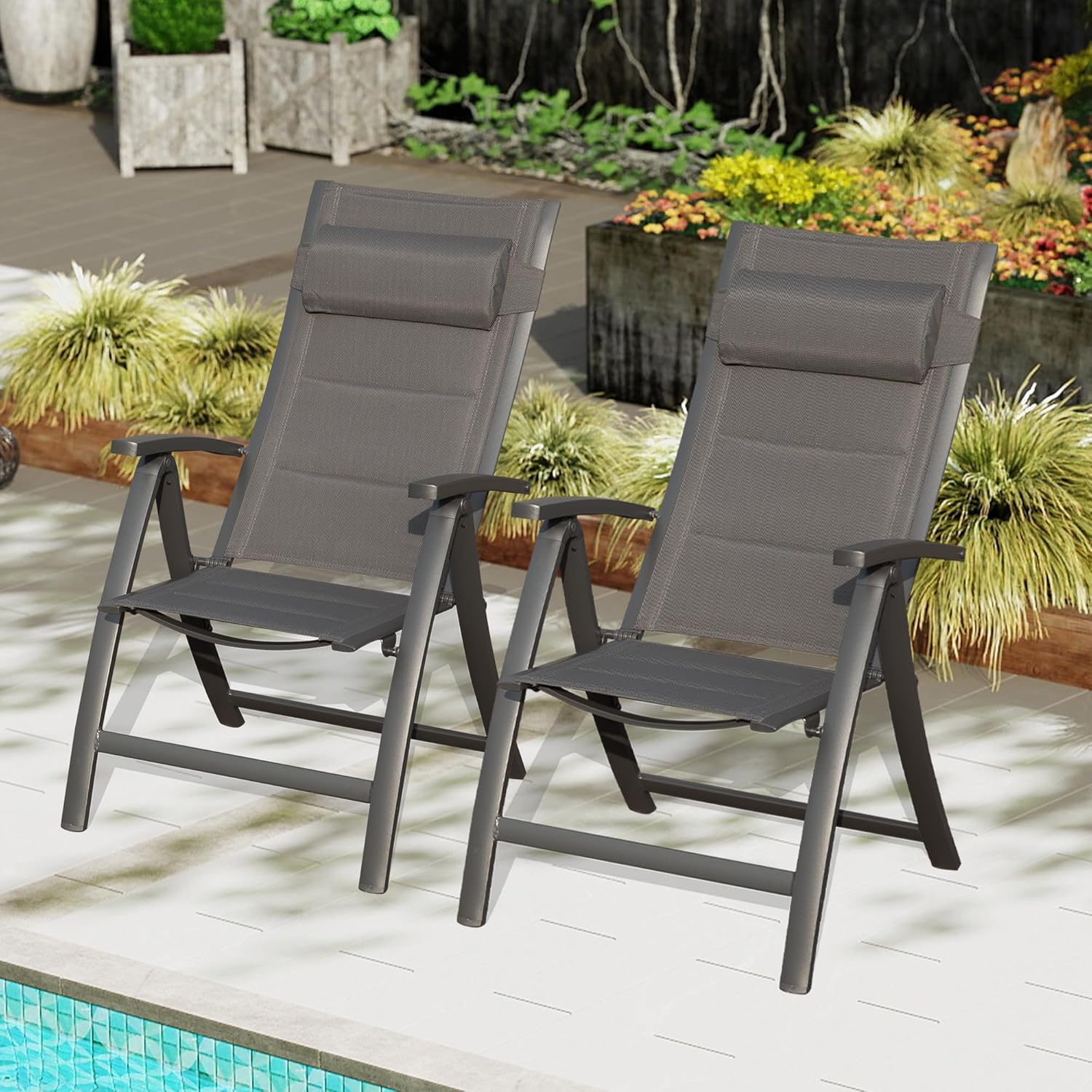 Patio Folding Chairs Set Of 2,Padded Textilene Fabric Seat