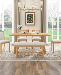 TREXM 6-Piece Rustic Farmhouse Dining Table Set With Wire Brushed Design, Rectangular Dining Table With Trapezoid Legs, 4 Upholstered Linen Chairs & 1 Padded Bench For Dining Room & Kitchen Natural