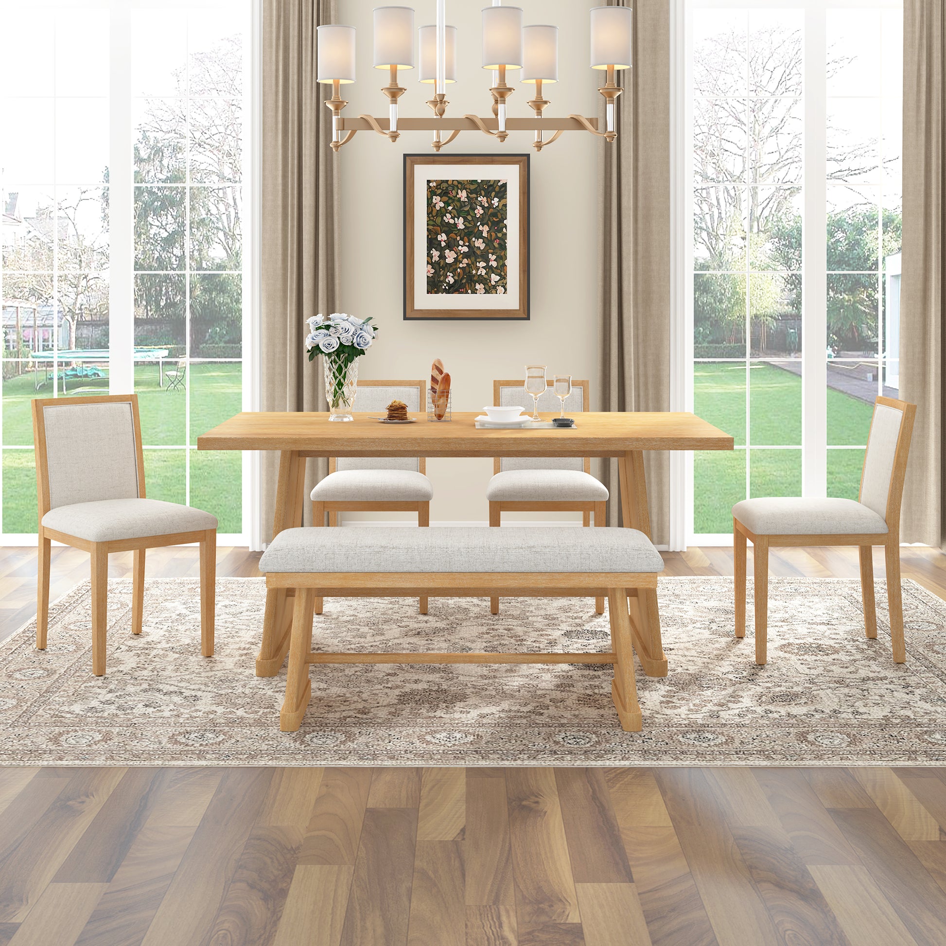 TREXM 6-Piece Rustic Farmhouse Dining Table Set With Wire Brushed Design, Rectangular Dining Table With Trapezoid Legs, 4 Upholstered Linen Chairs & 1 Padded Bench For Dining Room & Kitchen Natural