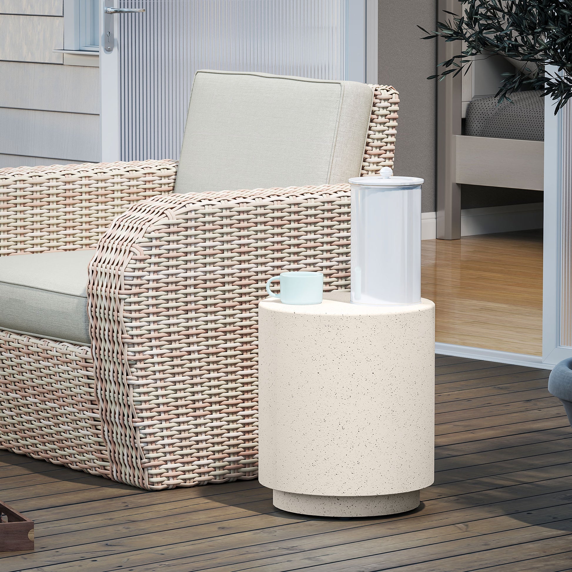 Lightweight Accent Table with Concrete Finish Round Side Table, Light Yellow