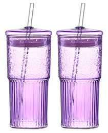 20 Oz 2-pack Purple Glass Straw Cup With Vertical Pattern Cup And Lid, High Borosilicate Heat-resistant Glass Cup For Juice, Milk And Cold Drinks