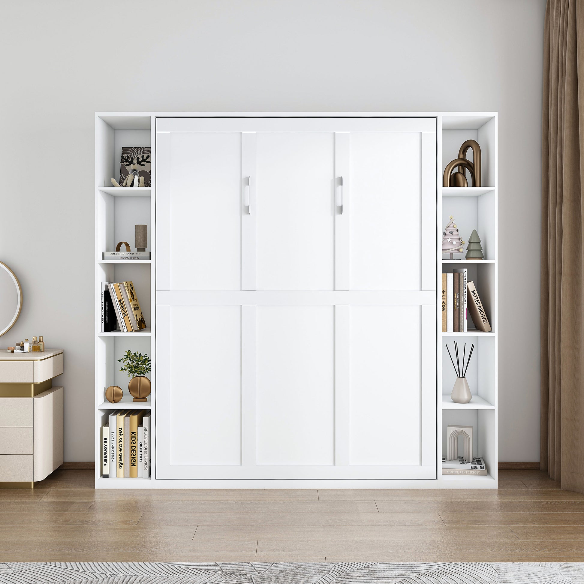 Queen Murphy Bed, 89.7-inch Foldable Wall Bed, With Storage Cabinet, With Hardware Bed Frame And Solid Wood Support Strips, Hidden Bed Frame, Suitable For Bedrooms, Guest Rooms, White