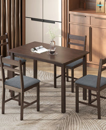 5-Piece Solid Wood Dining Table Set for 4, Farmhouse Kitchen Table with Upholstered Chairs for Dining Room, Walnut