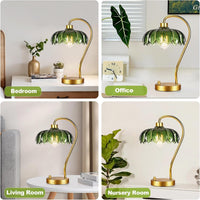 Flower Table Lamp for Bedroom Living Room,Small Gold Bedside Lamps Dimmable Boho Bedroom Lamp with Glass Green Lamp Shade,Vintage Mid Century Modern Mini Nightstand Lamp
