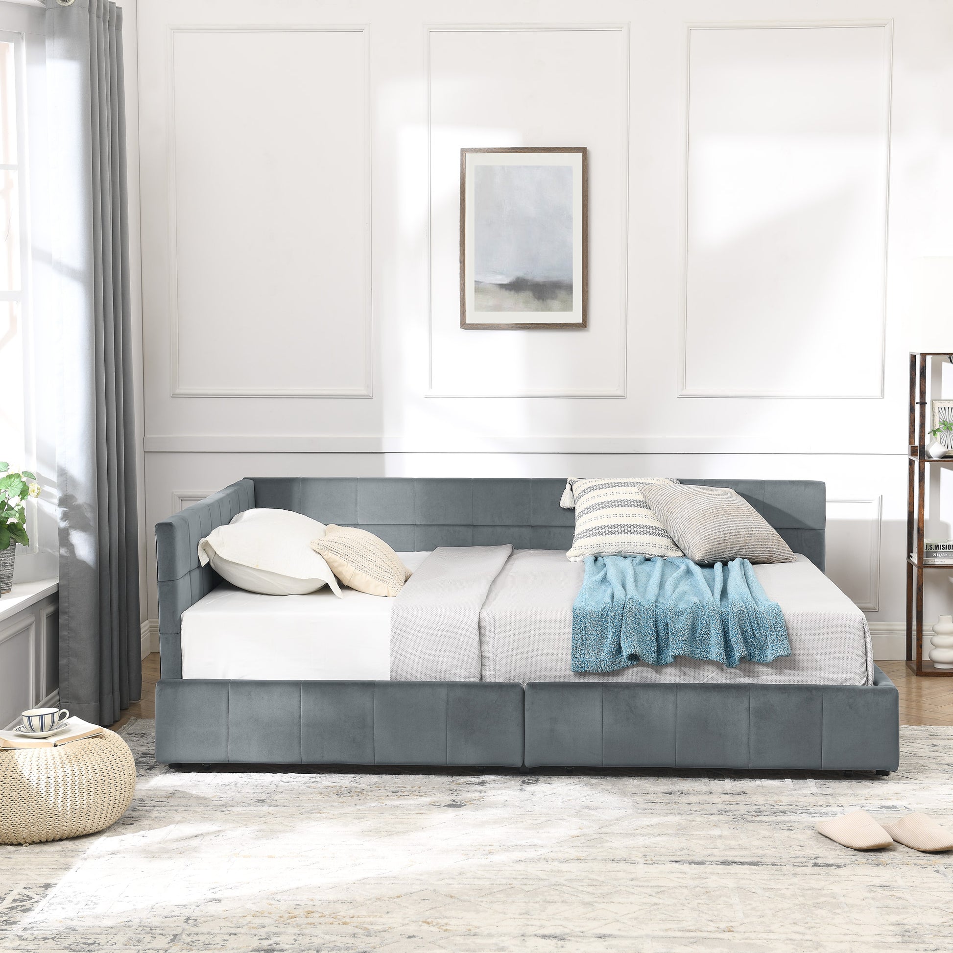 Full Size Storage Upholstered Tufted Bed Frame, Sofa Bed Frame With Comfortable Backrest And Armrests, Full Size Bed For Bedroom, Living Room,Velvet, GREY 80.5x59x29.5