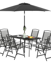 8 Piece Outdoor Dining Set, Patio Furniture Set with Umbrella, 6 Folding Chairs, Rectangle Table and Mesh Seat, Black