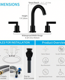 Bathroom Faucet 2 Handle Matte Black Bathroom Sink Faucet Widespread 3 Hole 360° Swivel Spout Modern Sink Basin Faucets 8 Inch[Unable Ship Weekends, TK/TEMU Only For Pickup]