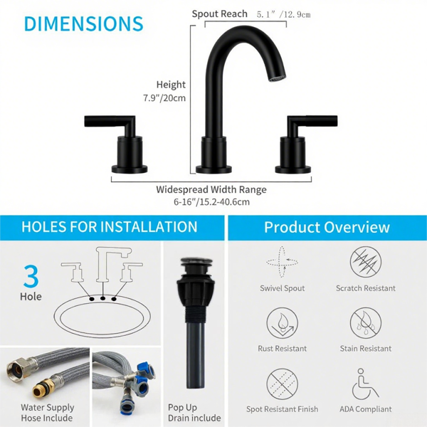 Bathroom Faucet 2 Handle Matte Black Bathroom Sink Faucet Widespread 3 Hole 360° Swivel Spout Modern Sink Basin Faucets 8 Inch[Unable Ship Weekends, TK/TEMU Only For Pickup]