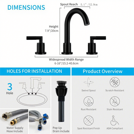 Bathroom Faucet 2 Handle Matte Black Bathroom Sink Faucet Widespread 3 Hole 360° Swivel Spout Modern Sink Basin Faucets 8 Inch[Unable Ship Weekends, TK/TEMU Only For Pickup]