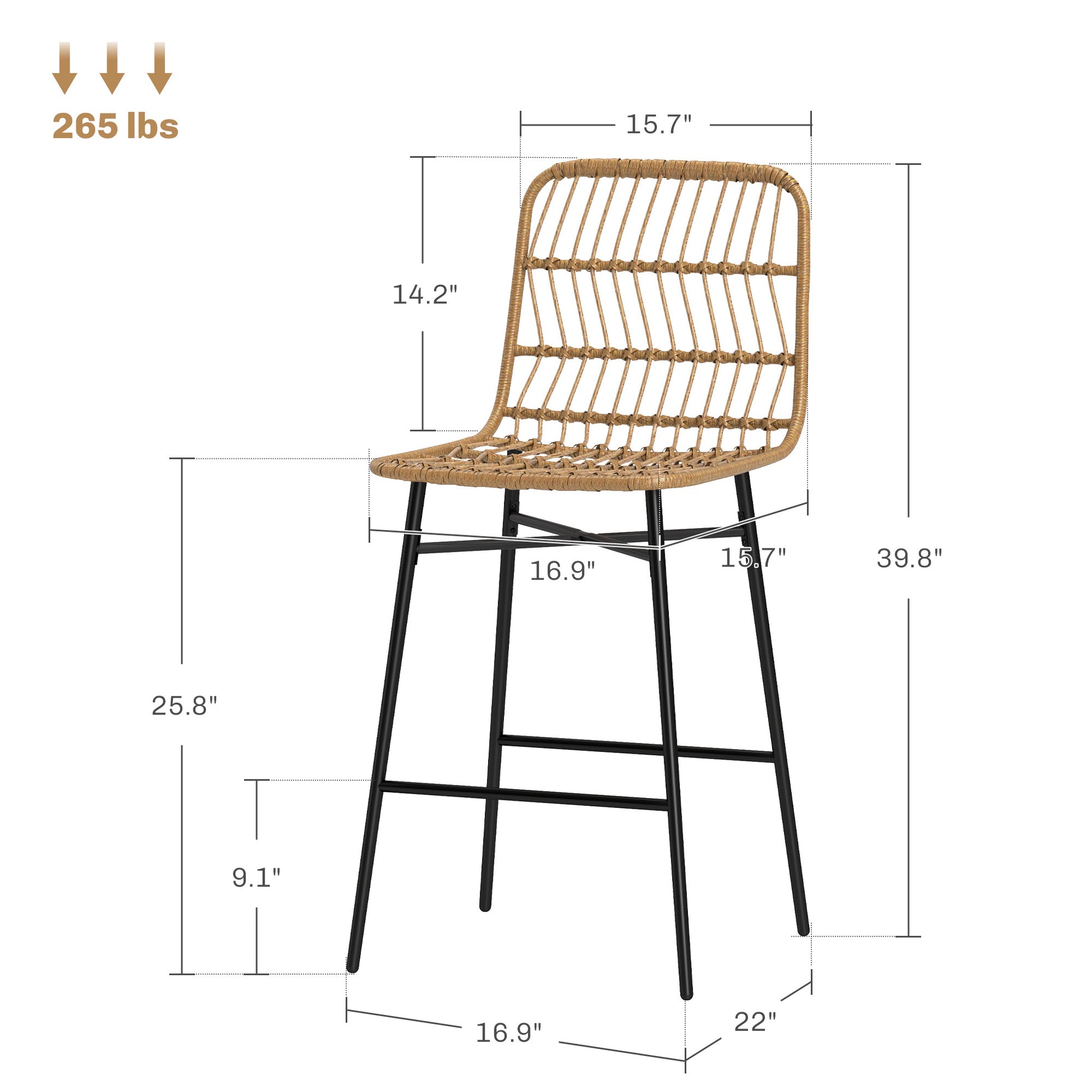 Rattan Counter Bar Stools Set of 2, 26" Counter Height Barstools with Back, Bar Chairs for Kitchen Island, Brown