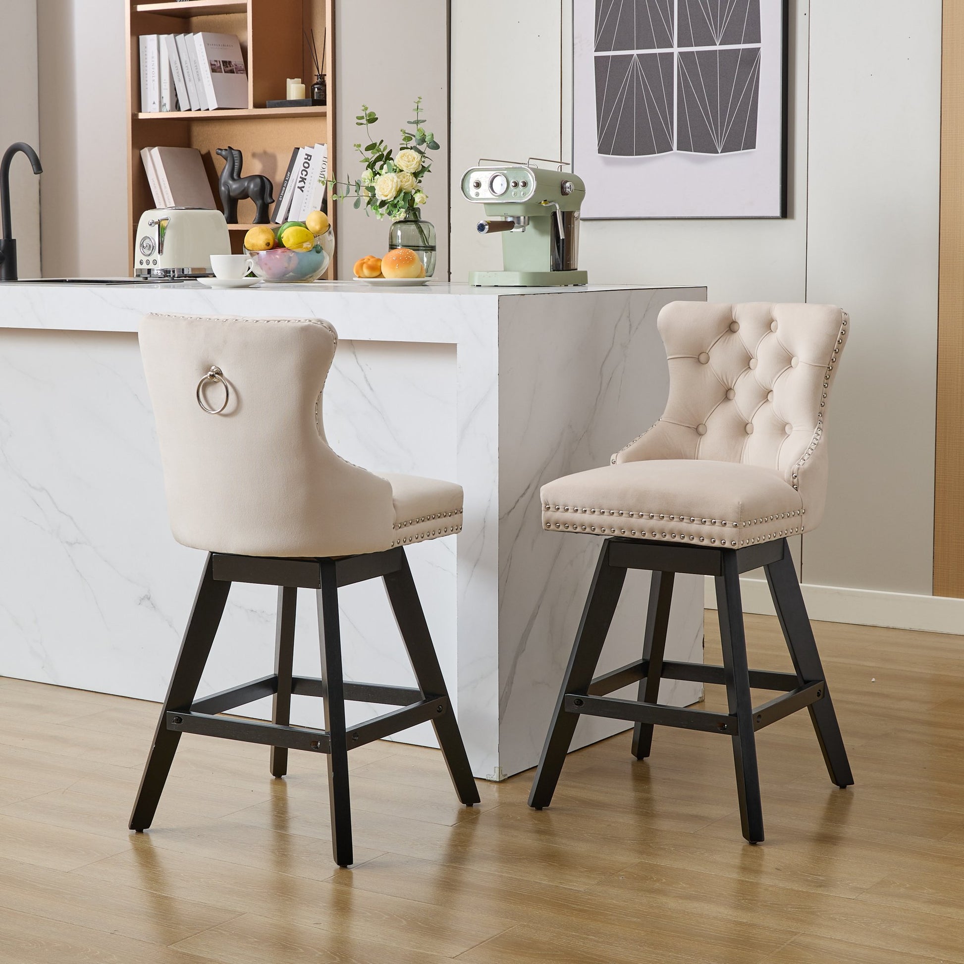 Swivel Velvet Barstools With Button Tufted Decoration And Wooden Legs, And Chrome Nailhead Trim, Leisure Style Bar Chairs,Bar Stools, Set Of 2  Beige,SW1860BG