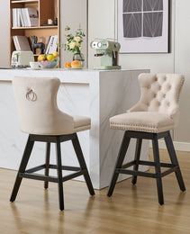 Swivel Velvet Barstools With Button Tufted Decoration And Wooden Legs, And Chrome Nailhead Trim, Leisure Style Bar Chairs,Bar Stools, Set Of 2  Beige,SW1860BG
