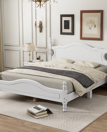 Queen Size Wood Platform Bed Frame,Retro Style Platform Bed With Wooden Slat Support,White
