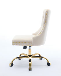 A&A Furniture Office Chair,Modern Velvet Upholstered Tufted Button Home Office Chair With Golden Metal Base,Adjustable Desk Chair Swivel Office Chair Beige