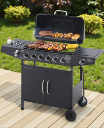 6 Burner BBQ Propane Gas Grill With Side Burner 59000 BTU Output Stainless Steel Barbecue Grill With Enamel-Coated Grates And Side Tables For Outdoor Cooking Kitchen And Patio Backyard.