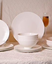 Dandilion Bone China Dinnerware Set, 16 Pieces, Service For 4, Plates, Dishes, Bowls Set, Microwave And Dishwasher Safe, Ivory White With Radial Lines