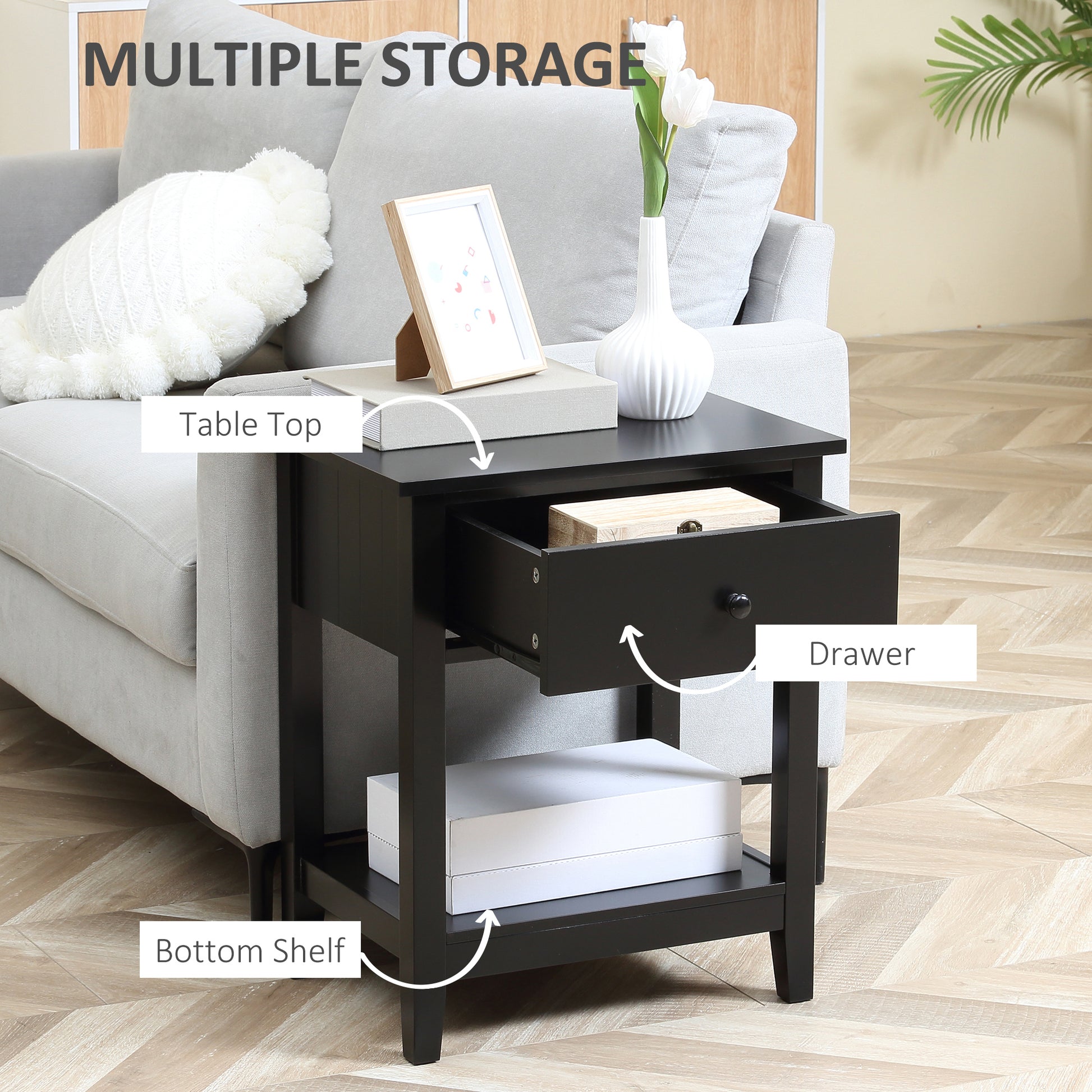 End Table, 2-tier Side Table with Drawer and Storage Shelf, Modern Sofa Side Table for Living Room, Black