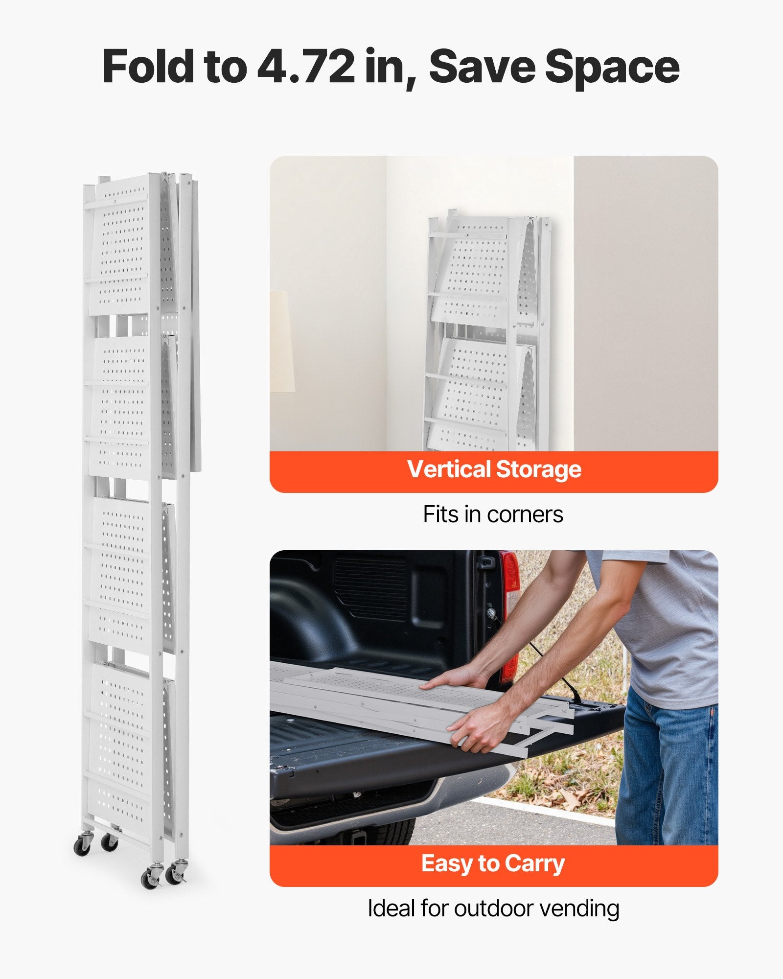 5-Tier Foldable Storage Shelf, 28 W X 15D X 64H Inch Folding Metal Rack Shelving Unit, No Assembly Organizer Shelf With 5 Wheels & 4 Hooks For Pantry, Kitchen, Garage, Basement, White