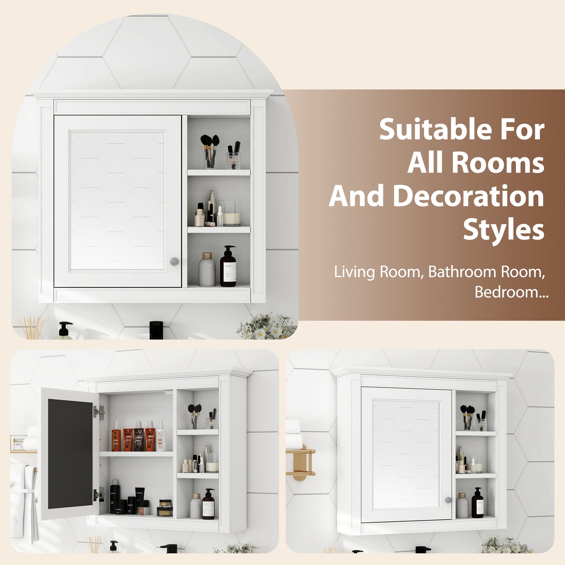 30 X 28 Medicine Cabinet, Wall Mounted Bathroom Storage Cabinet, Modern Bathroom Wall Cabinet With Mirror,Medicine Cabinet,  Mirror Cabinet With 3 Open Shelves Not Include Bathroom Vanity