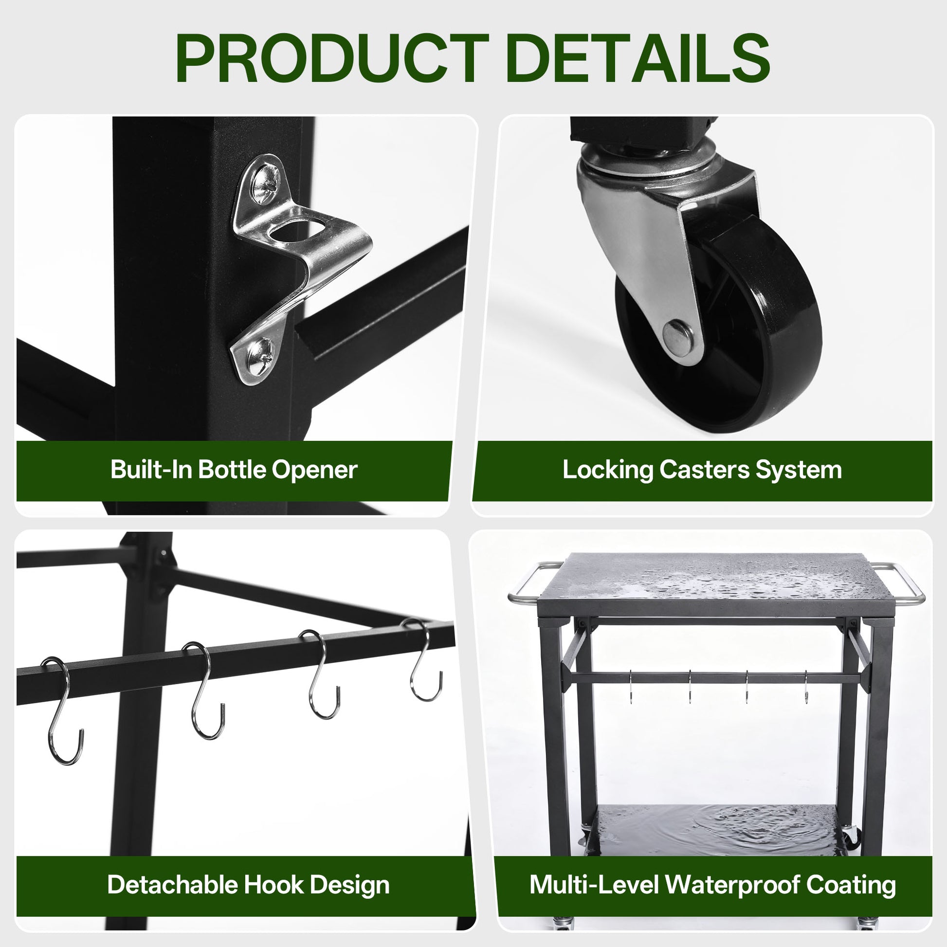 2-Tier Outdoor Grill Cart With Locking Wheels & Tool Hooks, Movable BBQ Prep Table, Rolling Serving Bar Cart For Patio, Backyard, Pizza Oven Stand, Black